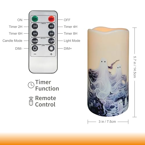 Image of Halloween LED Flameless Candles, Gothic Design, Set of 6, 5.7x3 inch, Remote Control with Timer, Battery Operated (6, D 3 inch)