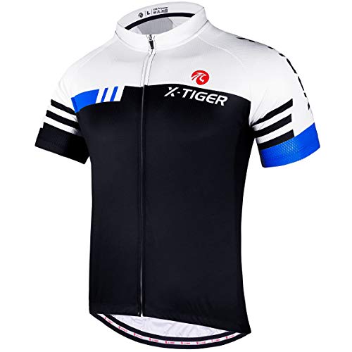 X-TIGER Herren-Radtrikots, kurzes T-Shirt, Fahhradtrikot MTB Rennrad Trikot Kurzarm Fahrradbekleidung für Männer (Blau und weiß, XL)