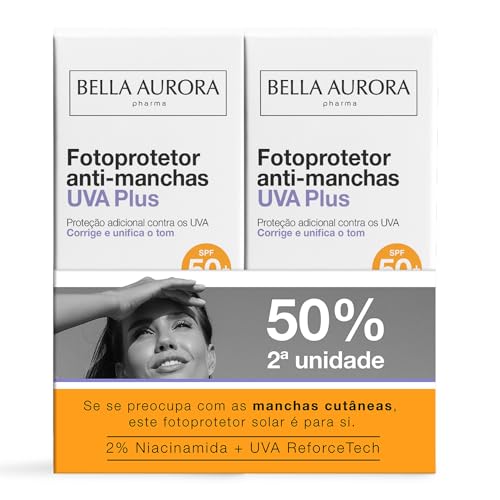 BELLA AURORA - Fotoprotector Antimanchas UVA Plus SPF50+ Pack de 2 x 50 ml, Protección Facial, Protector Solar Antimanchas, Todo Tipo de Piel, Corrige y Unifica Tono, con Radiacare Gold y Niacinamida