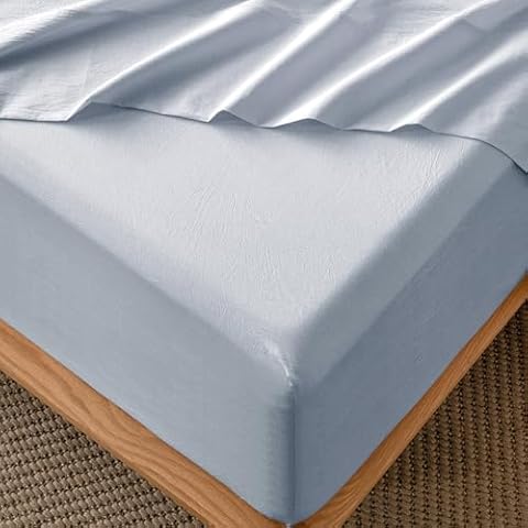 MooMee Fitted Bottom Sheet Only 100% Washed Cotton Linen Like Textured Breathable Durable Soft Comfy Deep Pocket Fits Mattress up to 17" (Cornflower Blue, Queen) Cover