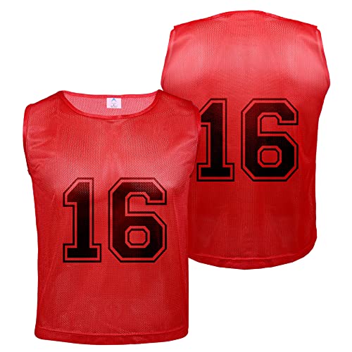 Athllete Duramesh Pinnies/Scrimmage Vest (12 Jerseys) - Kids Youth and Adult Pinnies, Numbered Penny Jerseys for Soccer, Basketball, Football (Red Numbered, Medium)