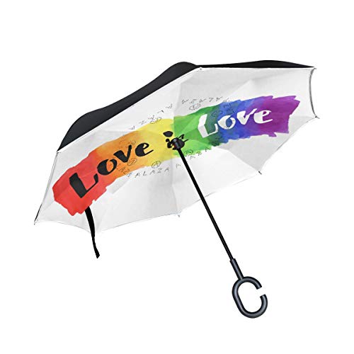 Mrmian Love Is Love On Rainbow Pride Flag Windproof Inverted Open Close Reverse Rain Umbrella Inside Out Quality Waterproof Parasol Upside Down Stick Shelter With Hook C Handle #TOP9