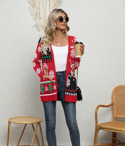 Yommay Strickjacke für Damen Elegante locker lässig leichtes Frauen Herbst Langarm Pullover mit Taschen,Weihnachtsschnee,XXL