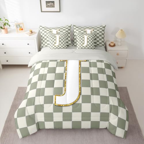 Image of Erosebridal Sage Green Checkered Queen Bedding Set 7 Piece Plaid Initial J Bed in A Bag with Sheets Personalized Monogram Comforter Set for Kids Adults,Fashion Grids Gingham Bed Sets