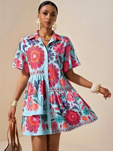 Image of SOLY HUX Women's Floral Button Down Shirt Dress Collared Short Sleeve Ruffle Babydoll Summer Boho Vacation Short Dresses