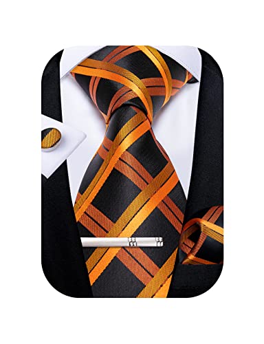 Image of DiBanGu Plaid Ties for Men Silk Checkered Necktie and Pocket Square Cufflinks Tie Clip Set with Gift Box for Wedding Business