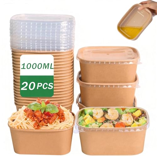CaiYuanGJ 20 Pièces Boîtes à Salade En Papier Kraft 1000ml, Boîtes à Emporter Réutilisables Barquette Carton, Imperméables Et Oléofuges Avec Couvercle, pour Plats à Emporter, Salade Fitness Et Voyage