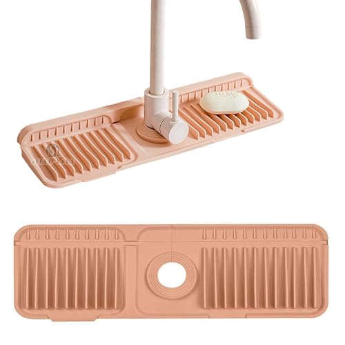 STEEL-LAND 蛇口水切りマット 固定バックル付き シリコン製 抗菌 速乾 滑り止め 45×14cm 傾斜設計排水 洗える キッチン 洗面台 バスルーム シンク周り 水汚れ防止 スプラッシュガード (ピンク) [並行輸入品]