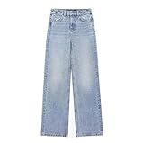 Primavera Vaqueros Largos Rectos de Cintura Alta Informales Europeos y Americanos-Denim Azul-L