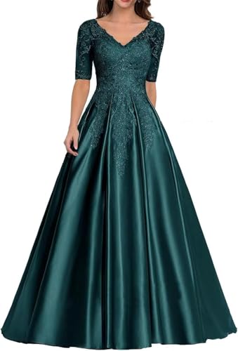 Beyonddress Robe de soirée en satin longue col en V élégante Mère de la mariée Robes de bal en dentelle avec manches, paon, 44