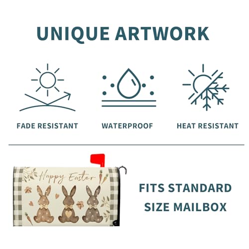 Image of Happy Easter Mailbox Cover, Magnetic Large Size 25.5x21 Inches, Spring Bunny Rabbits Egg Carrot Mailbox Wrap Post Cover with Buffalo Plaids for Garden Yard Outdoor Home Decor