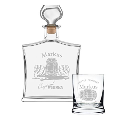 polar-effekt Set da 2 pezzi con bottiglia da whisky e bicchiere da whisky – Elegante caraffa in vetro contenuto: 700 ml – con incisione motivo barile di whisky