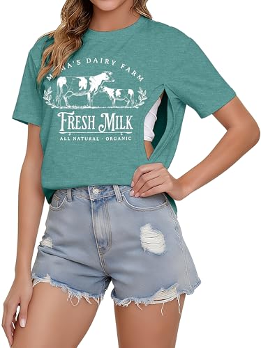 UNIQUEONE Comfort Breastfeeding Shirts for Women Zip Nursing Tops Casual Distressed Acid Washed Maternity Tees Heather Green