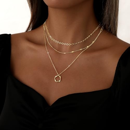 Gold Necklace for Women Layered Stackable Stack 14K Gold/Silver Plated Adjustable O Chain Texture Tag Charm Necklace for Women Layering Pendant Trendy Jewelry Set Gifts2