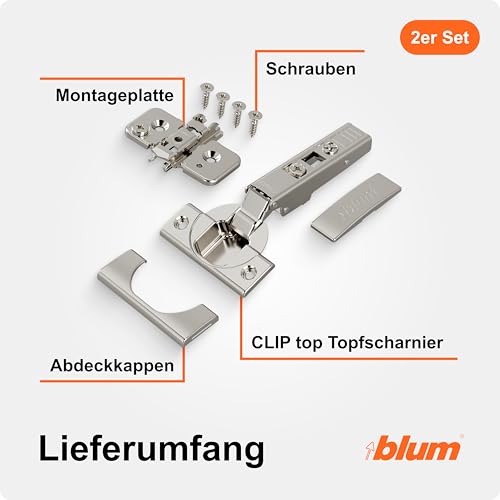BLUM 2x CLIP top Möbelscharnier 110° I Softclose Topfscharnier 35mm I separat montierbare CLIP Kreuzmontageplatte, 0mm Distanz | 3D Seiten-, Höhen- und Tiefeneinstellung | vernickelt | Eckanschlag