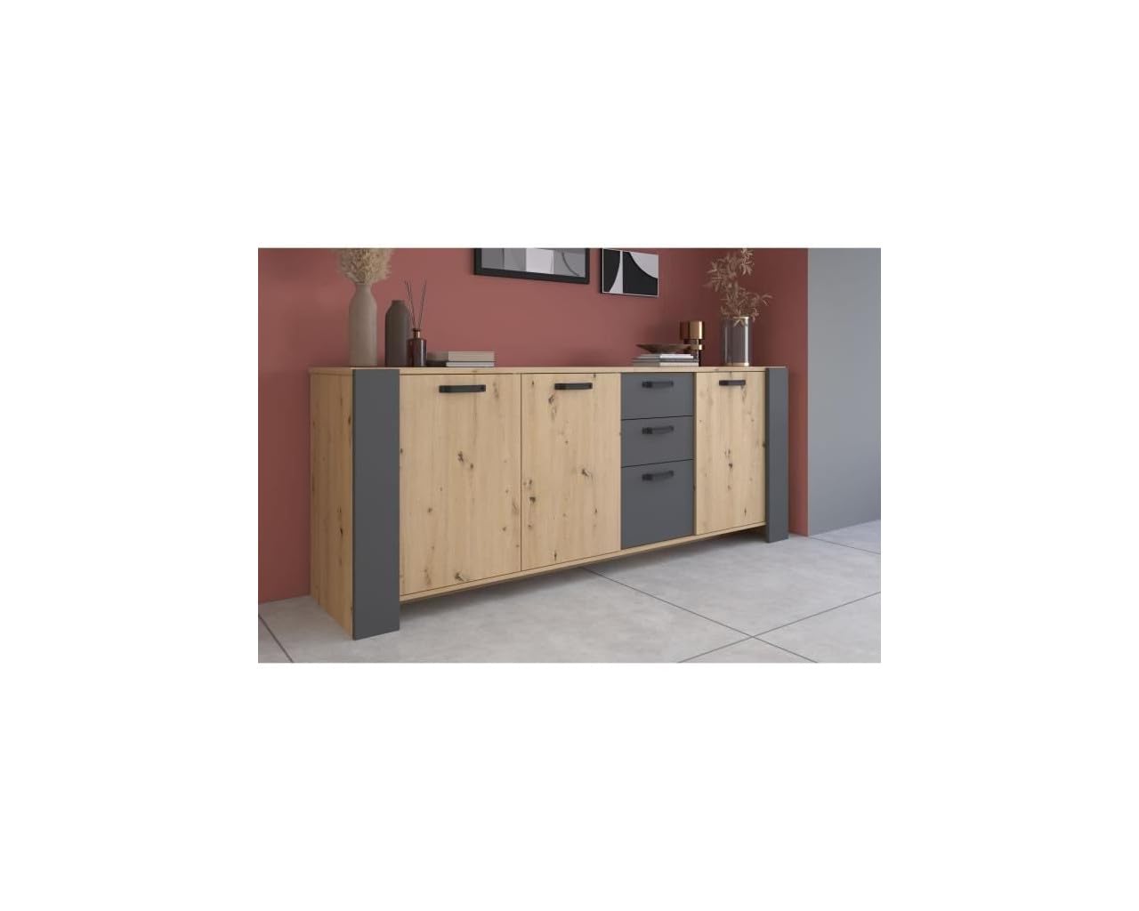 Ensemble Enfilade + Table LOFT - Mélaminé décor Chene Artisan et Gris - Table rectangulaire 8 Personnes-Enfilade 3 Portes - P
