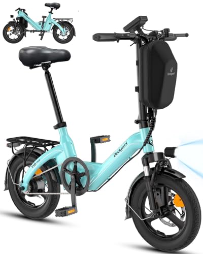 Bodywel T16PRO Bicicleta Eléctrica Plegable, 14' Mini E-Bike, 4.5 Pulgadas Pantalla LED, Batería 36V/7.8Ah, Frenos de Doble Disco y Suspensión Delantera (Aqua Azul+Portaequipajes Trasero)