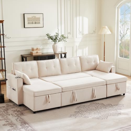 Wyibwy Sofá cama con función de cama, sofá en U, muebles tapizados, tejidos de algodón y lino, sofá modular con portavasos y espacio de almacenamiento, adecuado para el hogar, sala de estar, etc.
