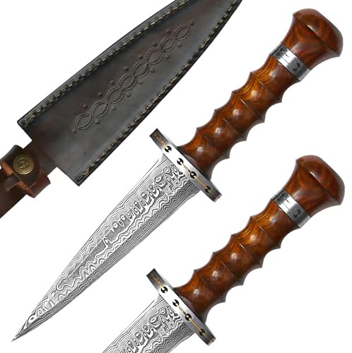 Novahaven Cuchillo de cocina exquisito hecho a mano de acero damasco con gota, longitud total de 33 cm con mango de madera de rosa, ideal para cocinar, cazar, al aire libre y