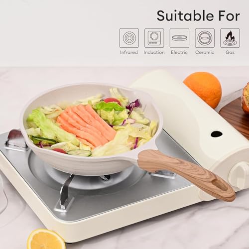 Image of Non-Stick Frying Pan with Wooden Finish Soft Touch Handle, 2.5mm Thickness, Consumes Less Oil, Even Heat Distribution, Induction Bottom and Gas Ready (White, 20cm)