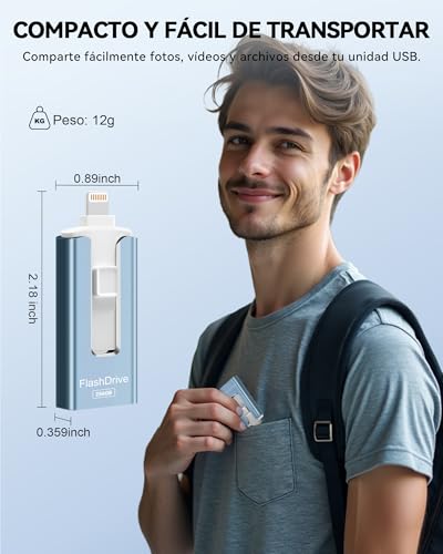 SUDEHO MFi Certified 256GB Pendrive para iPhone, 4 en 1 Memoria Externa Pen Drive, USB 3.0 Unidad Flash para Guardar Más Fotos Vídeos, USB c Flash Drive para iPad/iOS/Android/Mac/PC,Azul - imagen 7