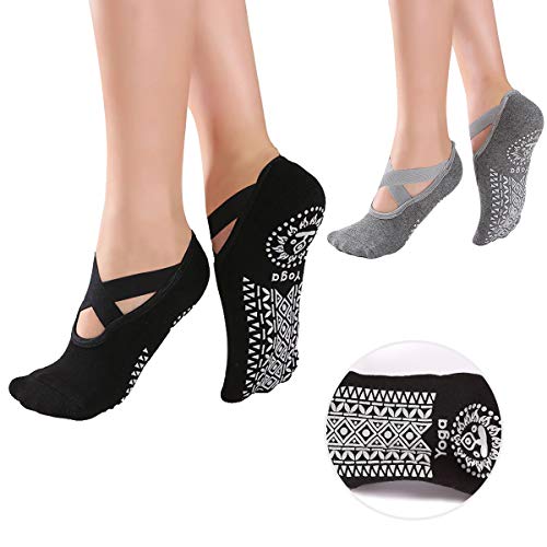 Torotto Calcetines yoga antideslizantes mujer verano calcetines agarre Antideslizantes Algodón Pilates Calcetines para Danza Ballet Fitness(2 pares (Negro+Gris))