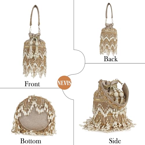 Image of Nevis Silk Fabric Designe Fringe Potli Bag with Pearl Tassels & Beaded Handle | Luxury Ethnic Drawstring Clutch for Wedding