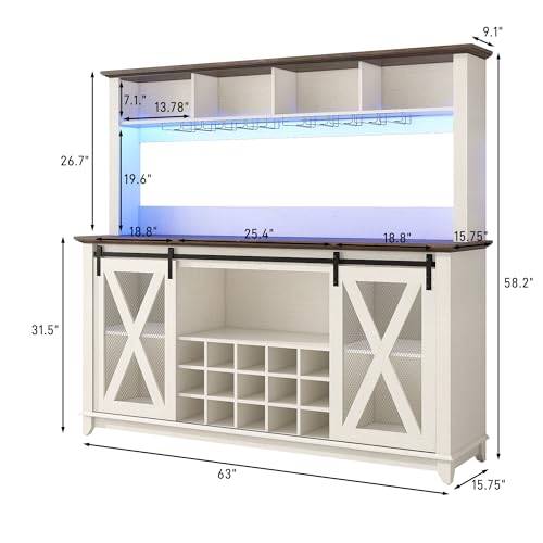 63"Wide 58"H Farmhouse Coffee Bar Cabinet with LED Light,Wine Bar Cabinet w/ 4 Storage Hutch,Kitchen Buffet Cabinet w/Sliding Barn Door & 15 Wine and Glass Racks for Kitchen Dining Room(Antique White) - Image 3