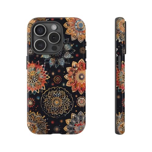 Coque rigide brillante iPhone 15 Pro noir avec motif mandala coloré
