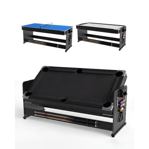 Rotating 3-in-1 Game Table 7FT - Convertible Air Hockey, Pool & Table Tennis with Built-in Storage Rack, Easy Flip Top for Game Room, Black