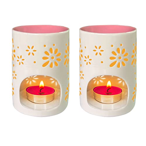 Hwagui - Keramik Teelichthalter & Wachswärmer, Ölbrenner & Wärmer, Wachs Melt Kerzenwärmer für Duftöl, Wachsbrenner ätherisches Ölbrenner, Teelichthalter Wachswärmer 2er Set, Rosa Cover
