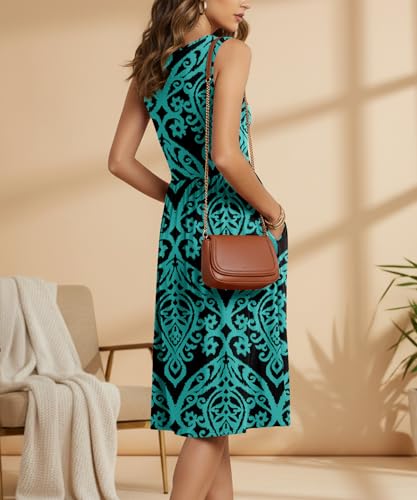 Image of NILOUFO Sleeveless Dress for Women Summer Knee Length Sundress with Pockets | Sundresses for Women Tank Empire Waist Sun Dress Cold Shoulder Casual V Neck Midi Dress Flowy Summer Dresses for Women
