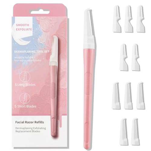 Leipple Dermaplaning Tool for Face, Reusable Exfoliating Dermaplaning Razor for Women, Facial Hair Remover and Trimmer, Eyebrow Razor & Face Shaver, 1 Razor + 10 Blade Refills(Pink)