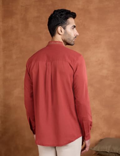 Image of Amazon Brand - Symbol Men's Cotton Blended Full Sleeve Kurta| Regular Fit | Ethnic Motif Embroidery Mandrin Collar| Front Full Open | Available in Plus Sizes