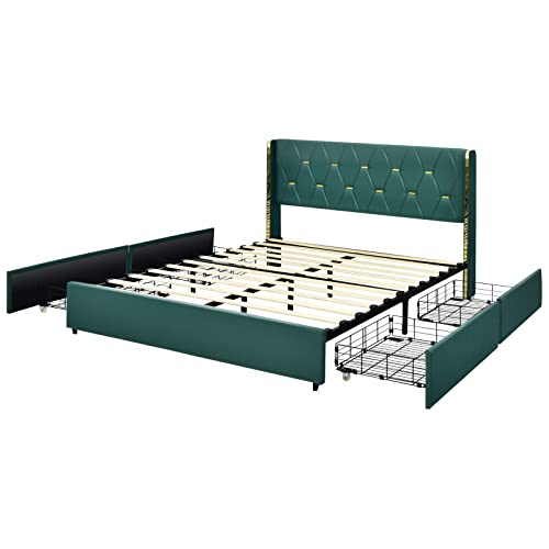 Giantex Upholstered Bed Frame With 4 Drawers, Queen Size Pu Leather Bed Frame, Heavy-Duty Noise-Free Bed Frame, Easy Assembly, No Box Spring, Green #TOP7