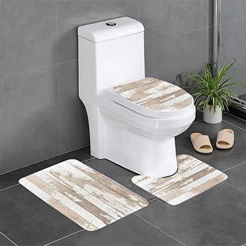 OCELIO Juego de 3 alfombras de baño rústicas de madera de granero antiguo, antideslizantes, ultra suaves, en forma de U y cubierta de inodoro