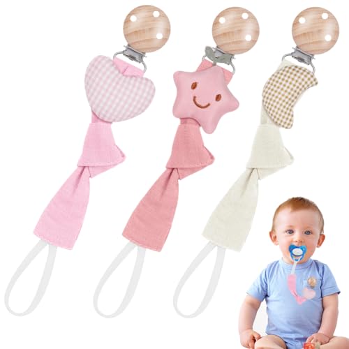 Vicloon Catenella Portaciuccio Neonato Personalizzato, 3 Pezzi Catenella Ciuccio, Catenella Portaciuccio Cotone Porta Succhietto Clip di Legno di Faggio, Catena Ciuccio per Ragazze, Serie Rosa
