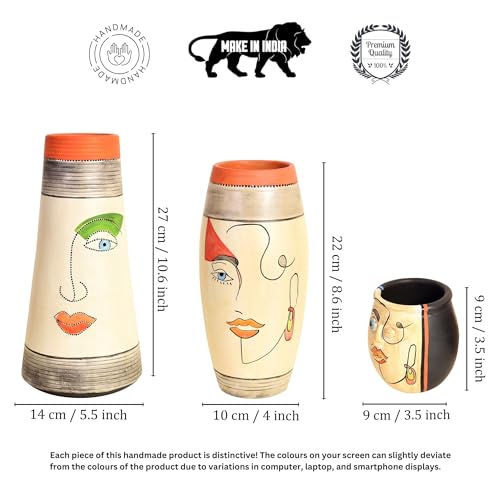 Image of Aakriti Art Creations Mohana-I Decorative Vases Set of 3 | Multicolor Terracotta Flower Vases | Matte Finish Modern Art Decorative Vases for Living Room, Table Decor & Gifting