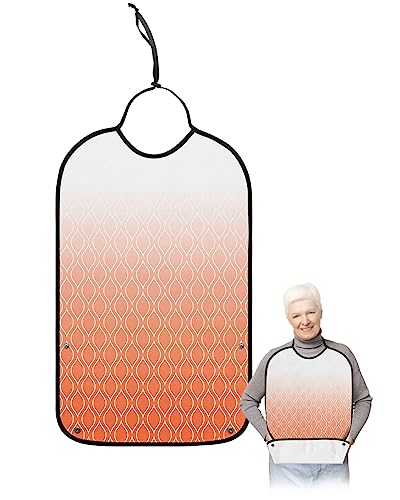 Kewadony Adult Bibs for Elderly Women - Orange Ombre Moroccan Waterproof Dining Clothing Protectors with Crumb Catcher for Eating/Feeding, Geometric Simple Line Terry Cloth Bib Machine Washable