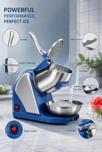 Image of Electric Ice Crusher Machine for Home & Commercial Use, Stainless Steel Heavy Duty Ice Shaver with 300W Motor, 65 kg /h Crushing Capacity, Portable Snow Cone Maker