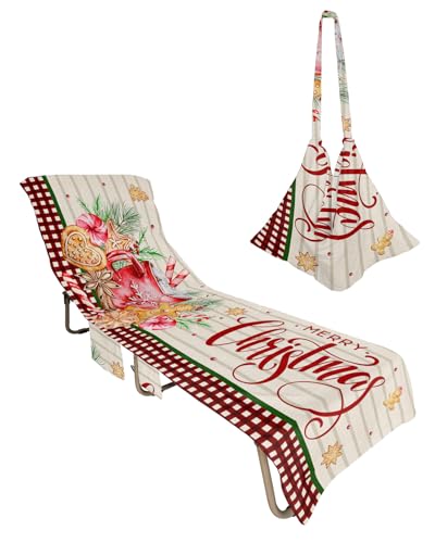Christmas Beach Lounge Chair Towel Cover, Soft Chaise Lounge Towel with Side Pockets Patio Pool Chairs Cover for Beach/Pool Sunbathing 29x85 Red Plaid Xmas Berry Botanical Rustic
