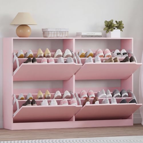 Image of BORNOON Shoe Cabinet with 4 Flip Drawers, Narrow Hidden Shoe Storage Cabinet, Slim Freestanding Shoe Rack Organizer for Entryway, Hallway, Bedroom, Living Room