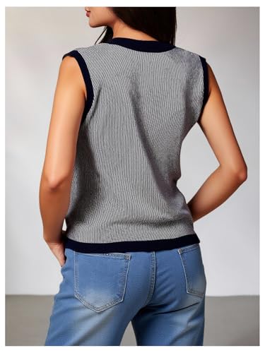Women's Plus Size Striped Sweater Vest Button Up V Neck Knit Work Office Tops2