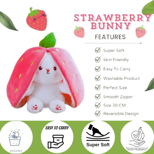 Image of Reversible Strawberry Bunny Soft Toy with Smooth Chain Zipper | Strawberry Rabbit Toy for Kid | Cute Doll Teddy Bear Gift for Girlfriend | Birthday Gift Items