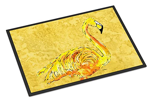 Caroline's Treasures 8872JMAT Flamingo on Yellow Doormat 24x36 Front Door Mat Indoor Outdoor Rugs for Entryway, Non Slip Washable Low Pile, 24H X 36W