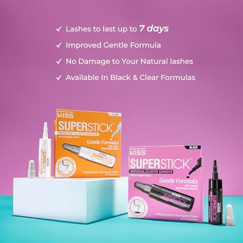 KISS Super Stick Wimpernkleber, Cluster Kleber, sanfte Formel, 7 Tage Halt, Kaktus- & Hamamelis-Extrakt, dermatologisch getestet, wasserfester, Schwarz