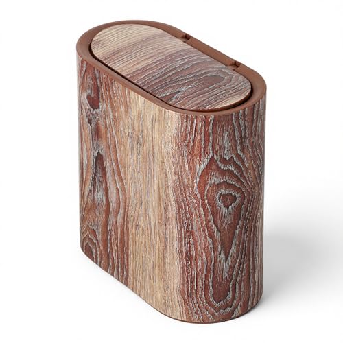 WLLHYF Bathroom Trash Can with Pop-Up Lid Lids Small Garbage Bin Plastic Marble Wood Pattern Trashcans Removable Liner Bucket Wastebasket Modern Narrow Waste Basket for Home Kitchen Bedroom Office
