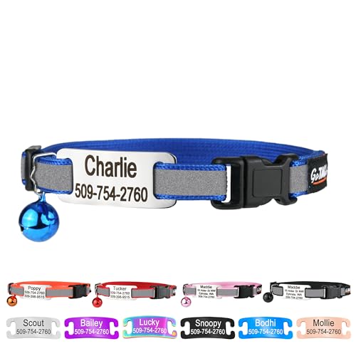 GoTags Personalized Reflective Cat Collars with Tag, Engraved Custom with