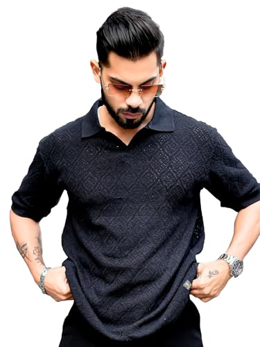 Image of Maniac || Mens || Solid Textured || Polo Neck || 3 /4th Sleeve || Cotton || Oversized Polo T-Shirt
