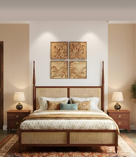 Image of JANGHU FURNITUREWALA Wooden /Rattan /Cane /Poster Queen Size Bed Without Storage -Sheesham Wood -King Cot -Palang -Bed Stylish Bedroom Furniture /Hotel Furniture(Ciao Bella, Honey Finish) Rattan /Cane Bed